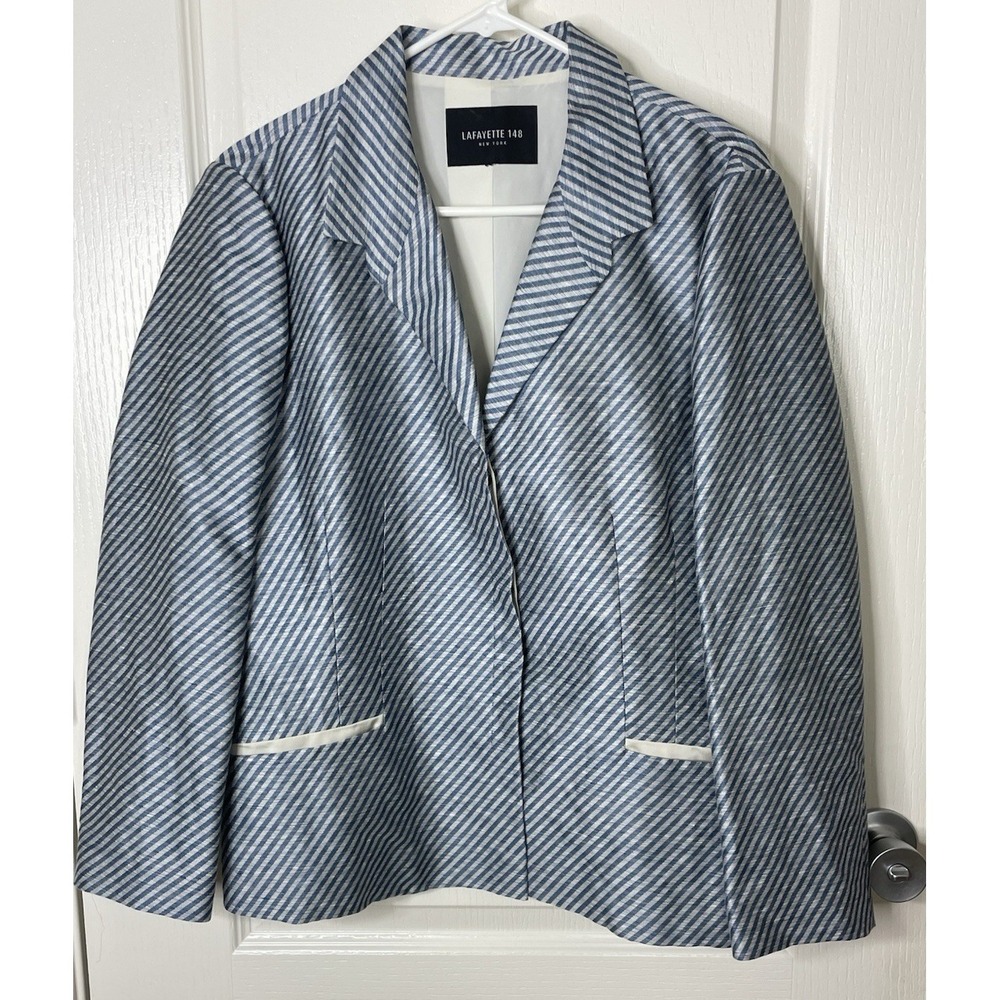 Womens‎ Linen Blazer Jacket Medium Blue White Stripes Career Capsule Luxury